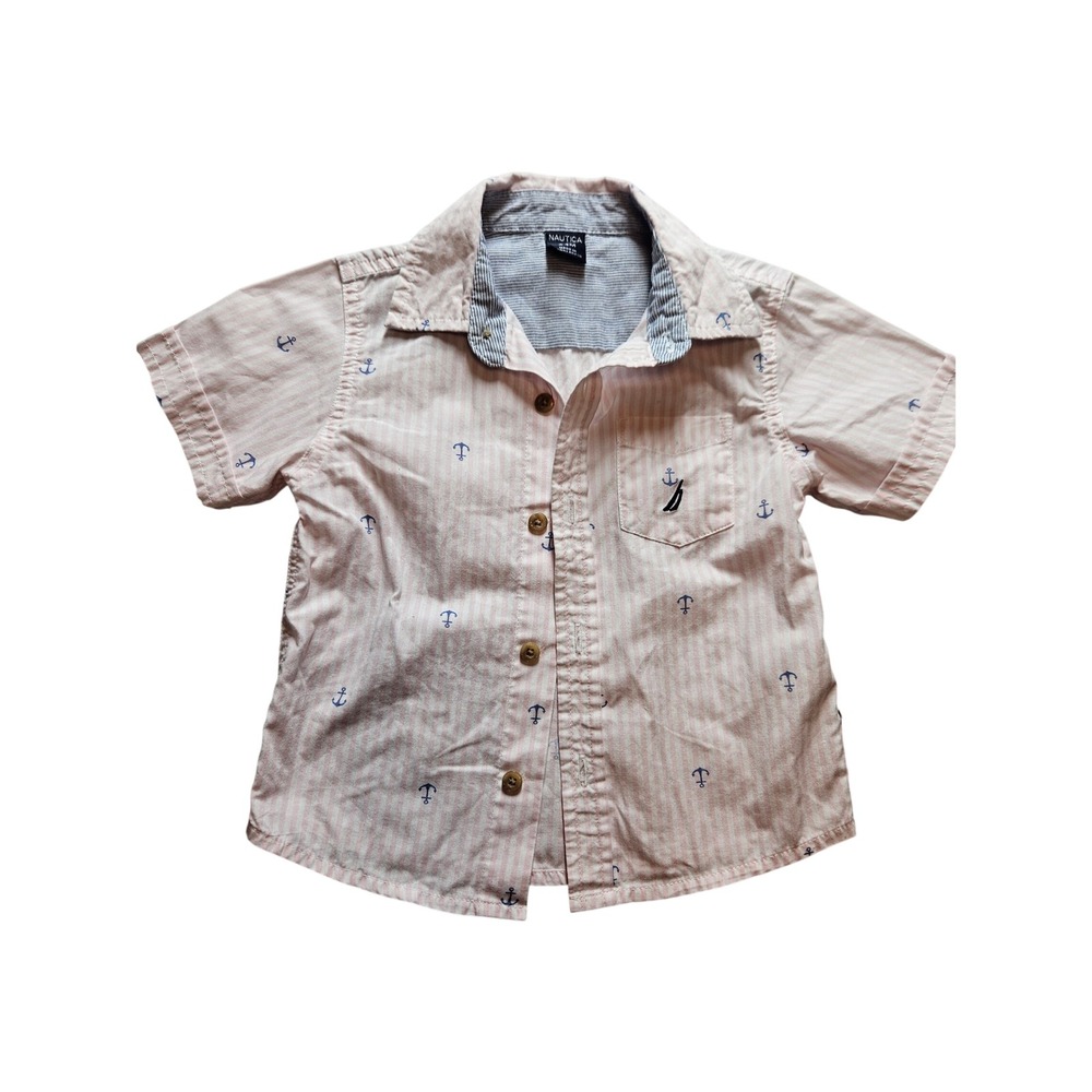 Nautica Toddler Boys Pink White Striped Anchor Short Sleeve Button Shirt 24m